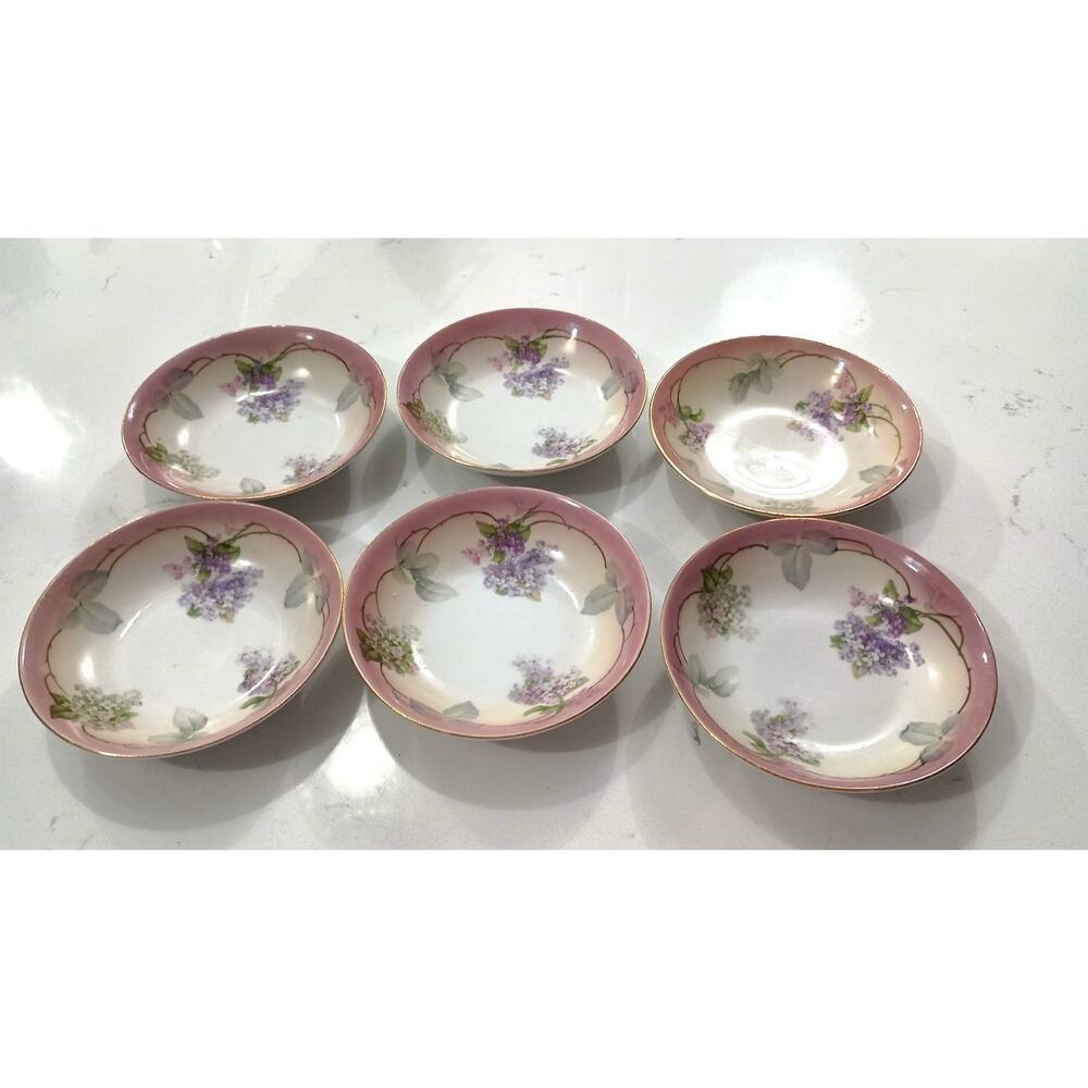 Antique German porcelain set of 6 lilac floral bowls regency cottagecore